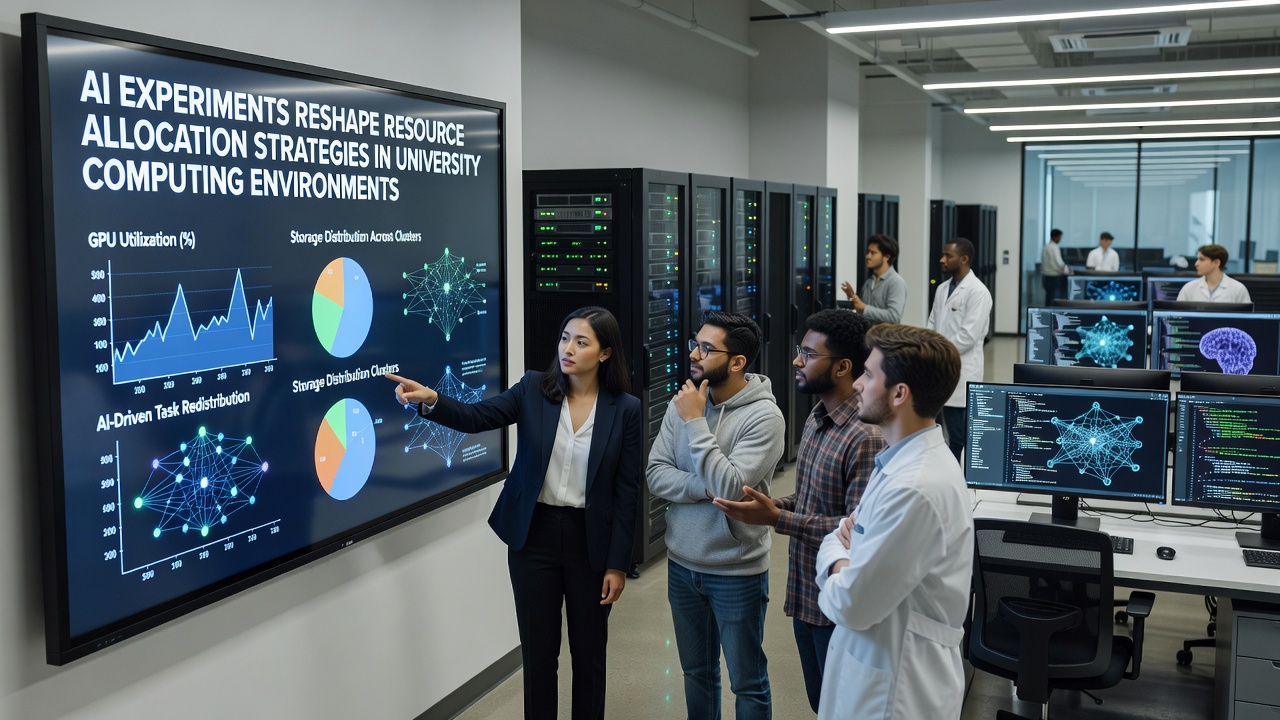 Team of university researchers reviewing AI-generated allocation reports on multiple monitors in a control room